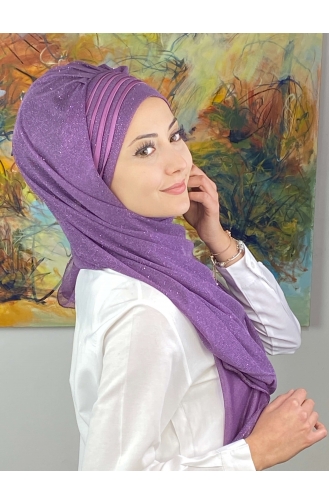Saray Model Fransız Şifon Drapeli Simli Hazır Şal SBT4YDSAL1-02 Leylak Rengi