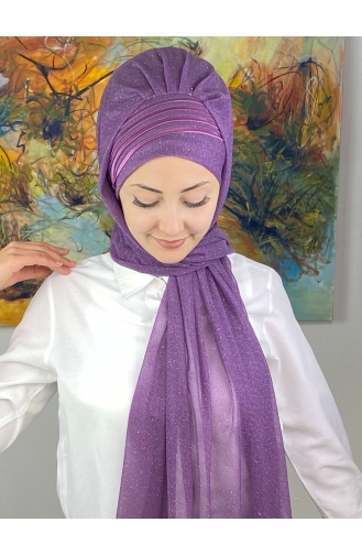 Saray Model Fransız Şifon Drapeli Simli Hazır Şal SBT4YDSAL1-02 Leylak Rengi