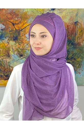 Saray Model Fransız Şifon Drapeli Simli Hazır Şal SBT4YDSAL1-02 Leylak Rengi
