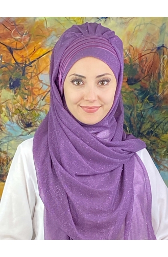Saray Model Fransız Şifon Drapeli Simli Hazır Şal SBT4YDSAL1-02 Leylak Rengi
