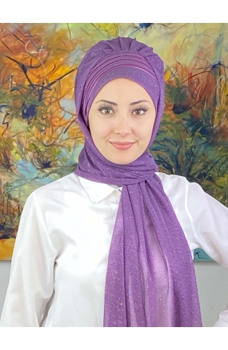 Saray Model Fransız Şifon Drapeli Simli Hazır Şal SBT4YDSAL1-02 Leylak Rengi