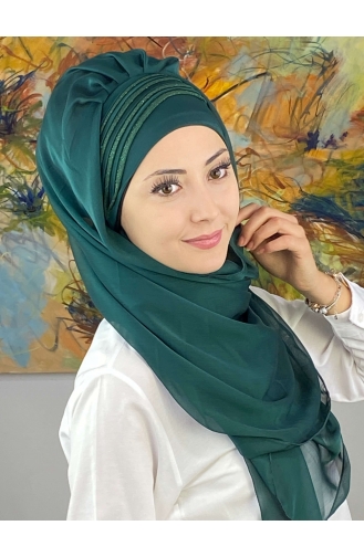 Saray Model Simli Drapeli Fransız Şifon Hazır Şal SBT4YDSAL27-12 Zümrüt Yeşili