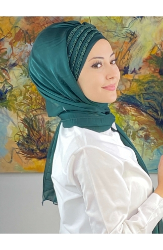 Saray Model Simli Drapeli Fransız Şifon Hazır Şal SBT4YDSAL27-12 Zümrüt Yeşili