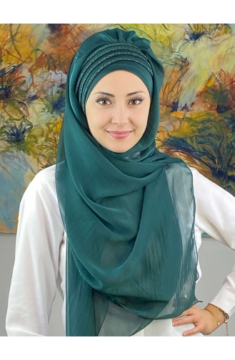 Saray Model Simli Drapeli Fransız Şifon Hazır Şal SBT4YDSAL27-12 Zümrüt Yeşili