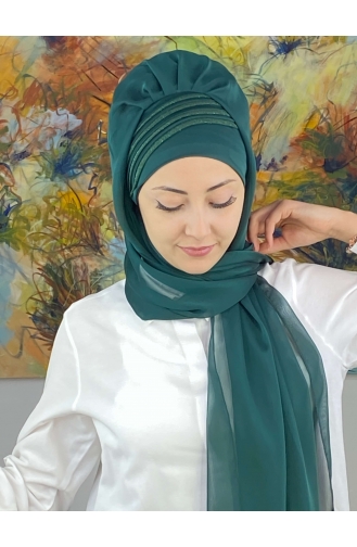 Saray Model Simli Drapeli Fransız Şifon Hazır Şal SBT4YDSAL27-12 Zümrüt Yeşili