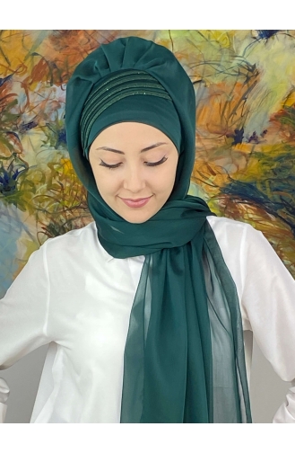 Saray Model Simli Drapeli Fransız Şifon Hazır Şal SBT4YDSAL27-12 Zümrüt Yeşili