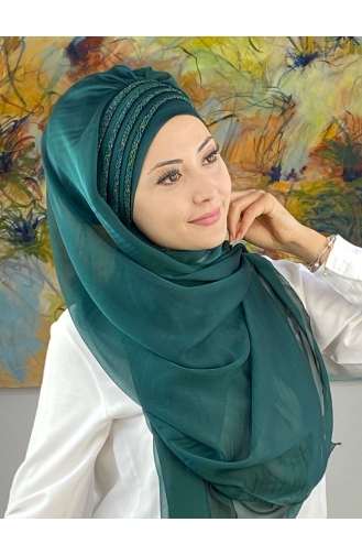 Saray Model Simli Drapeli Fransız Şifon Hazır Şal SBT4YDSAL27-12 Zümrüt Yeşili