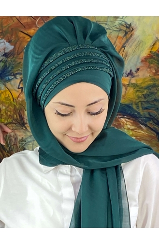 Saray Model Simli Drapeli Fransız Şifon Hazır Şal SBT4YDSAL27-12 Zümrüt Yeşili