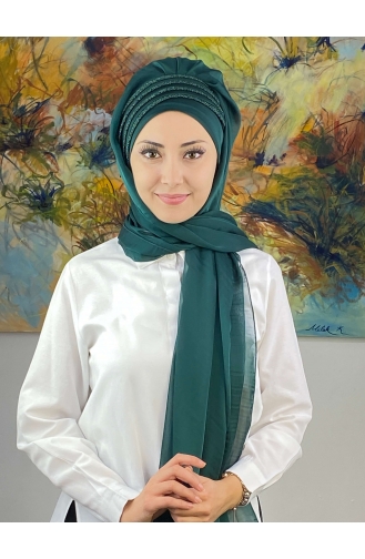 Saray Model Simli Drapeli Fransız Şifon Hazır Şal SBT4YDSAL27-12 Zümrüt Yeşili