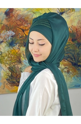 Saray Model Simli Drapeli Fransız Şifon Hazır Şal SBT4YDSAL27-12 Zümrüt Yeşili
