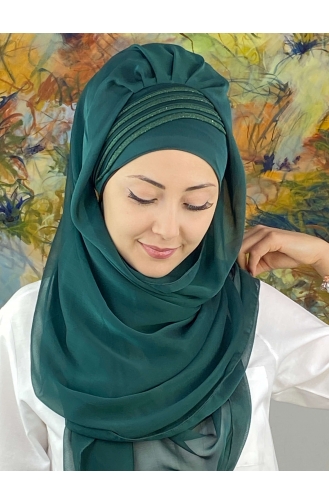 Saray Model Simli Drapeli Fransız Şifon Hazır Şal SBT4YDSAL27-12 Zümrüt Yeşili