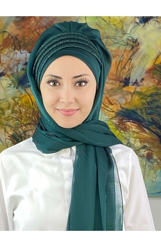 Saray Model Simli Drapeli Fransız Şifon Hazır Şal SBT4YDSAL27-12 Zümrüt Yeşili