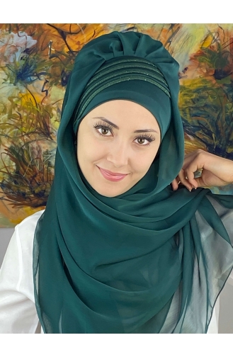 Saray Model Simli Drapeli Fransız Şifon Hazır Şal SBT4YDSAL27-12 Zümrüt Yeşili