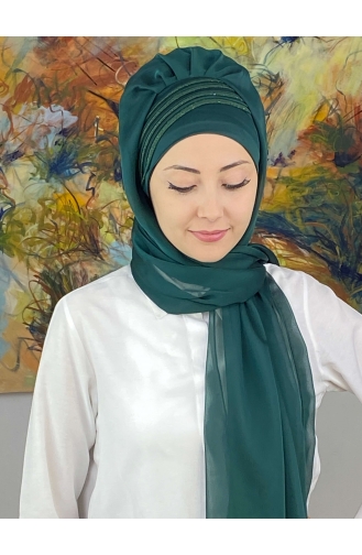Saray Model Simli Drapeli Fransız Şifon Hazır Şal SBT4YDSAL27-12 Zümrüt Yeşili