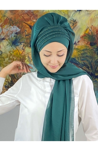 Saray Model Simli Drapeli Fransız Şifon Hazır Şal SBT4YDSAL27-12 Zümrüt Yeşili