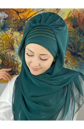 Saray Model Simli Drapeli Fransız Şifon Hazır Şal SBT4YDSAL27-12 Zümrüt Yeşili