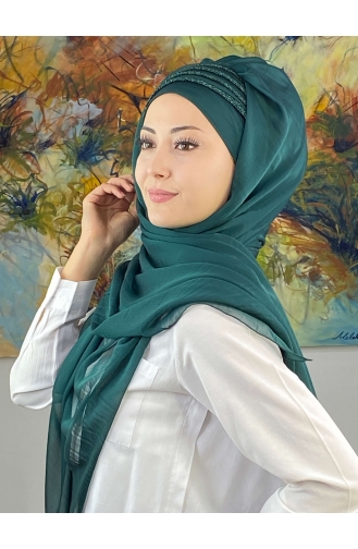 Saray Model Simli Drapeli Fransız Şifon Hazır Şal SBT4YDSAL27-12 Zümrüt Yeşili