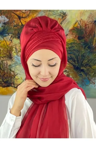 Saray Model Simli Drapeli Fransız Şifon Hazır Şal SBT4YDSAL27-13 Kırmızı