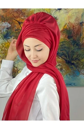 Saray Model Simli Drapeli Fransız Şifon Hazır Şal SBT4YDSAL27-13 Kırmızı