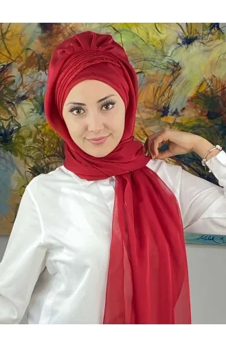 Saray Model Simli Drapeli Fransız Şifon Hazır Şal SBT4YDSAL27-13 Kırmızı