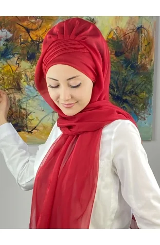 Saray Model Simli Drapeli Fransız Şifon Hazır Şal SBT4YDSAL27-13 Kırmızı