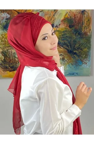 Saray Model Simli Drapeli Fransız Şifon Hazır Şal SBT4YDSAL27-13 Kırmızı