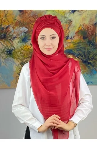 Saray Model Simli Drapeli Fransız Şifon Hazır Şal SBT4YDSAL27-13 Kırmızı