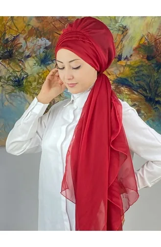 Saray Model Simli Drapeli Fransız Şifon Hazır Şal SBT4YDSAL27-13 Kırmızı