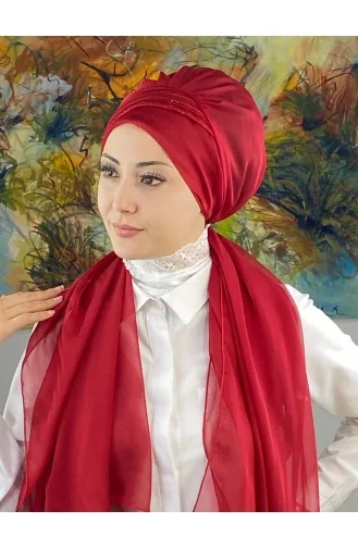 Saray Model Simli Drapeli Fransız Şifon Hazır Şal SBT4YDSAL27-13 Kırmızı
