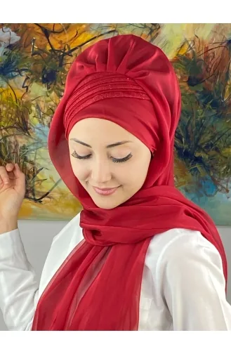 Saray Model Simli Drapeli Fransız Şifon Hazır Şal SBT4YDSAL27-13 Kırmızı