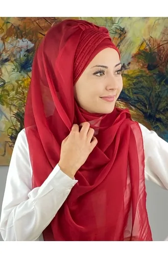 Saray Model Simli Drapeli Fransız Şifon Hazır Şal SBT4YDSAL27-13 Kırmızı