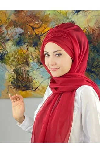 Saray Model Simli Drapeli Fransız Şifon Hazır Şal SBT4YDSAL27-13 Kırmızı