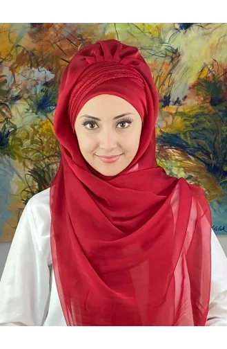 Saray Model Simli Drapeli Fransız Şifon Hazır Şal SBT4YDSAL27-13 Kırmızı