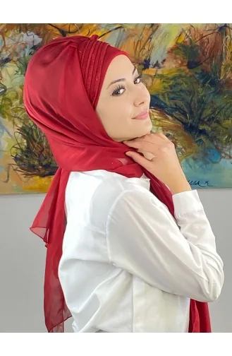 Saray Model Simli Drapeli Fransız Şifon Hazır Şal SBT4YDSAL27-13 Kırmızı