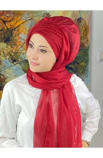 Saray Model Simli Drapeli Fransız Şifon Hazır Şal SBT4YDSAL27-13 Kırmızı