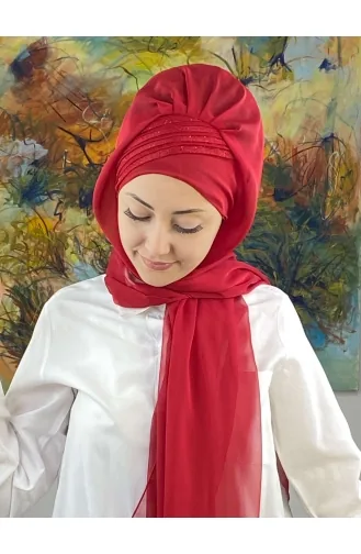 Saray Model Simli Drapeli Fransız Şifon Hazır Şal SBT4YDSAL27-13 Kırmızı