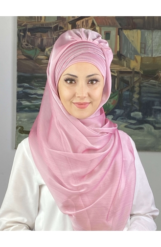 Saray Model Simli Drapeli Fransız Şifon Hazır Şal SBT4YDSAL27-01 Toz Pembe