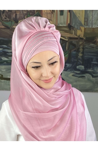 Saray Model Simli Drapeli Fransız Şifon Hazır Şal SBT4YDSAL27-01 Toz Pembe