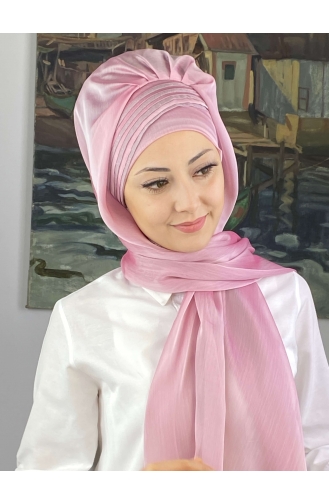 Saray Model Simli Drapeli Fransız Şifon Hazır Şal SBT4YDSAL27-01 Toz Pembe