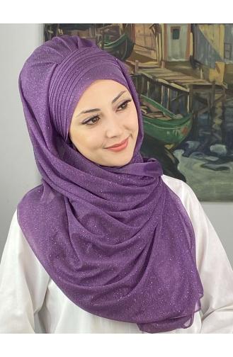 Saray Model Simli Drapeli Simli Şifon Hazır Şal SBT4YDSAL42-01 Leylak Rengi