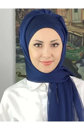 Saray Model Yan Drapeli Fransız Şifon Hazır Şal SBT4YDSAL15-02 Açık Lacivert