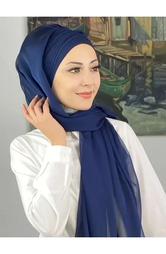Saray Model Yan Drapeli Fransız Şifon Hazır Şal SBT4YDSAL15-02 Açık Lacivert