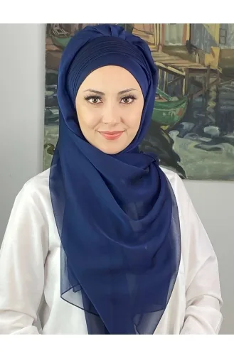 Saray Model Yan Drapeli Fransız Şifon Hazır Şal SBT4YDSAL15-02 Açık Lacivert