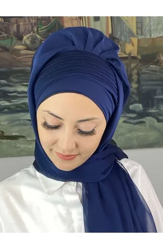 Saray Model Yan Drapeli Fransız Şifon Hazır Şal SBT4YDSAL15-02 Açık Lacivert