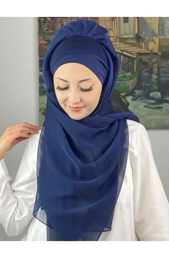 Saray Model Yan Drapeli Fransız Şifon Hazır Şal SBT4YDSAL15-02 Açık Lacivert