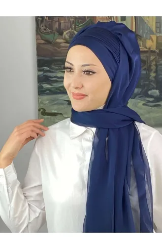 Saray Model Yan Drapeli Fransız Şifon Hazır Şal SBT4YDSAL15-02 Açık Lacivert