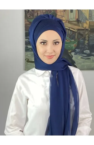 Saray Model Yan Drapeli Fransız Şifon Hazır Şal SBT4YDSAL15-02 Açık Lacivert