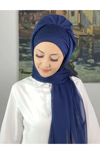 Saray Model Yan Drapeli Fransız Şifon Hazır Şal SBT4YDSAL15-02 Açık Lacivert