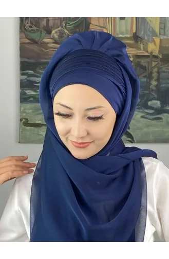 Saray Model Yan Drapeli Fransız Şifon Hazır Şal SBT4YDSAL15-02 Açık Lacivert