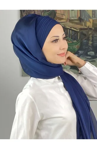 Saray Model Yan Drapeli Fransız Şifon Hazır Şal SBT4YDSAL15-02 Açık Lacivert
